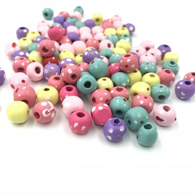 100X Mixed Dot Wooden Beads Loose Beads Kids Toys Pacifier Clip Accessories 10mm
