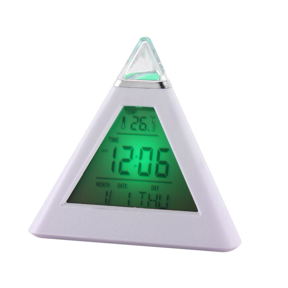 New 7 LED Color Pyramid Digital LCD Alarm Clock Thermometer @