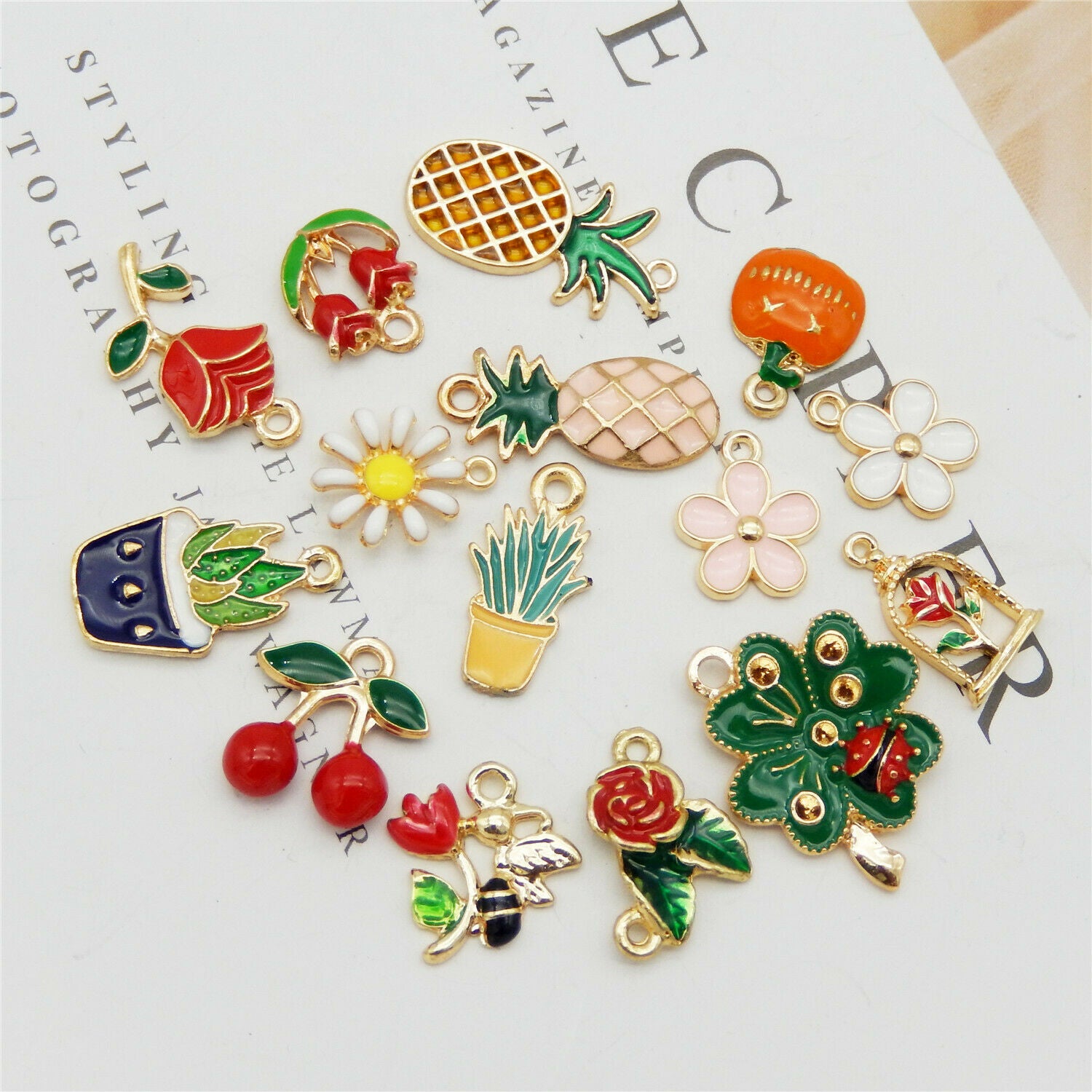 10 Mix Enamel Flowers Fruits Plants Charms Alloy Pendant Keychain Jewelry Crafts