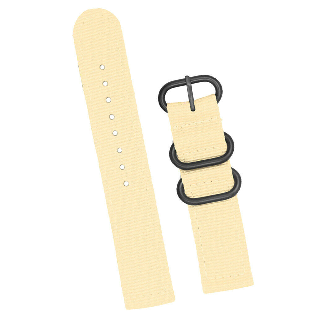Beige Nylon Watch Band Stainless Steel 3-ring Buckle Wristband Replace 24mm