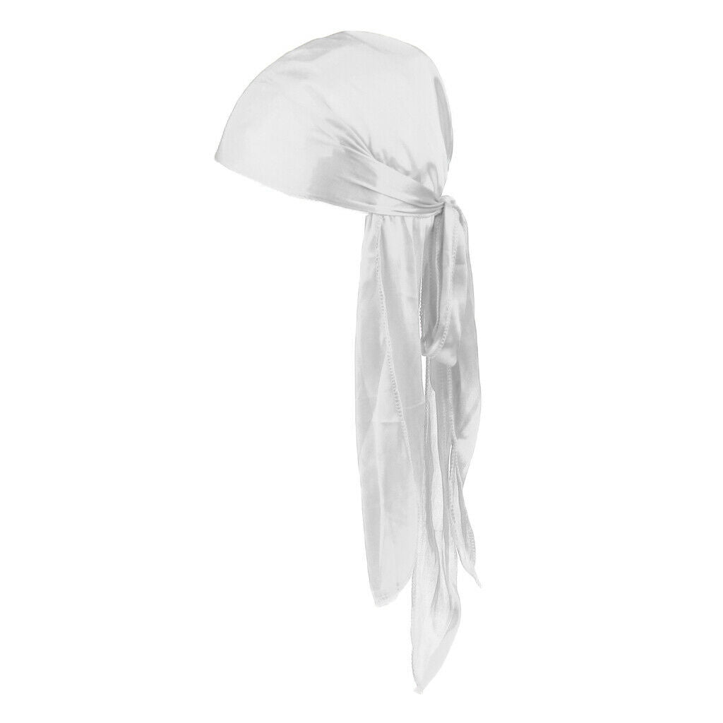 Unisex Soft Silky Durag Long Tail Wave   Headwrap Headscarf Headwear White