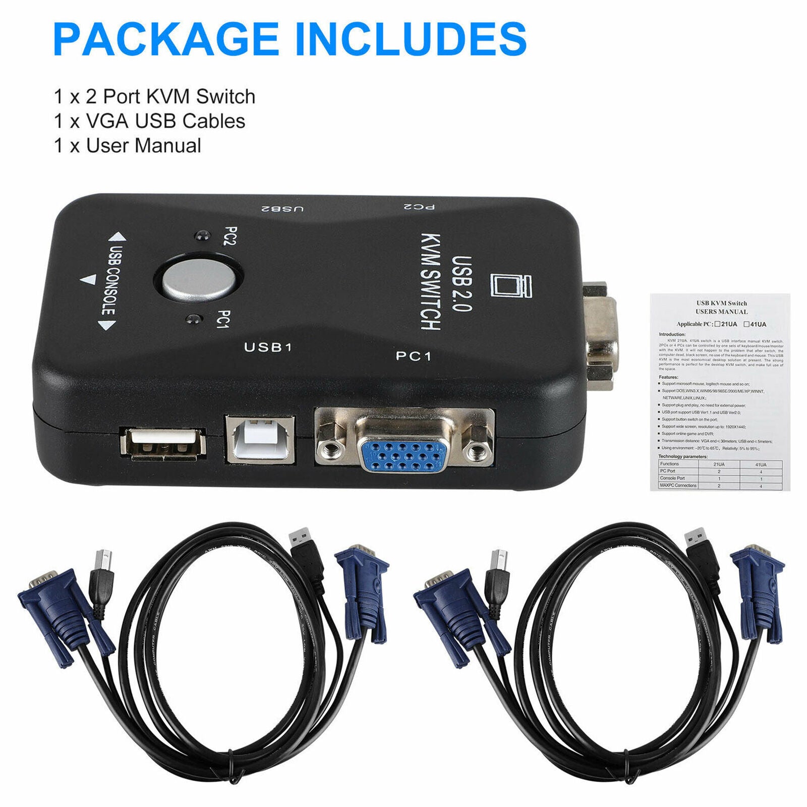 2 Port USB 2.0 KVM VGA Switch w/VGA USB Cable For Mouse Keyboard Monitor PC New