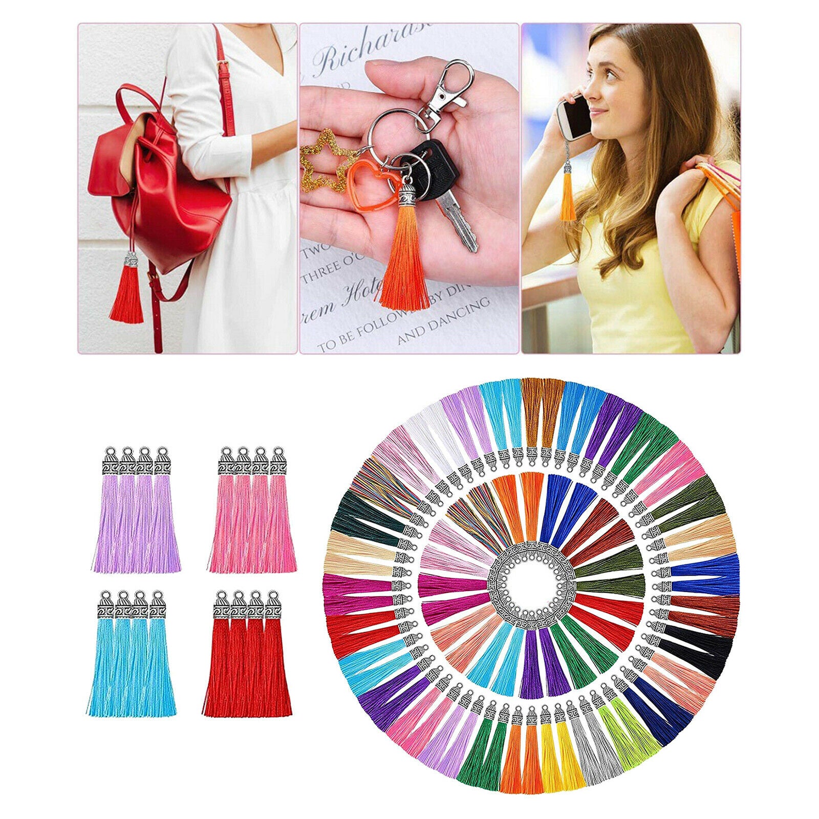 Pack of 100 Multicolor 60mm Bulk Tassel Pendant for DIY Keychain Supplies