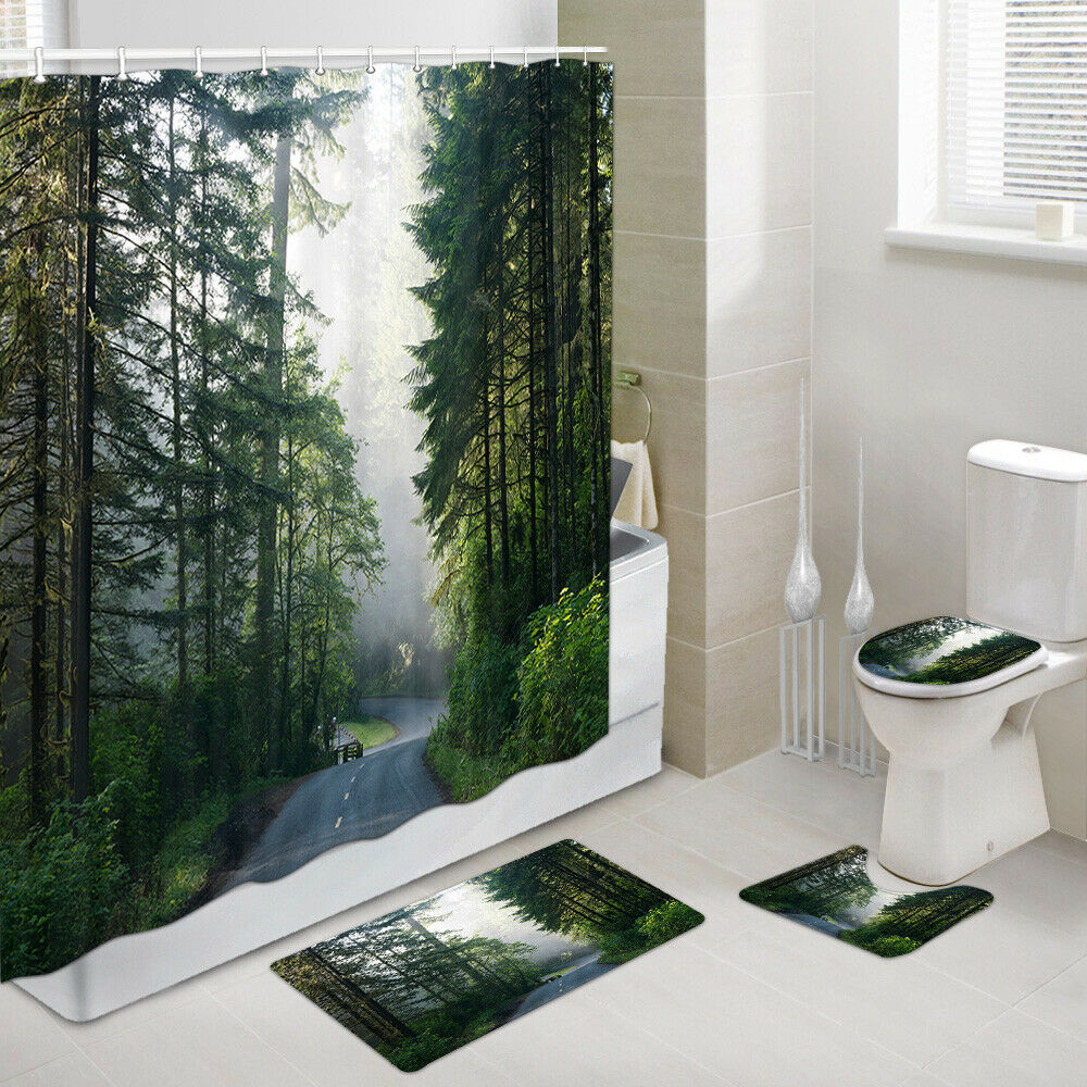 Road Through The Forest Shower Curtain Bath Rug Toilet Lid Seat Cover 4PCS-Set