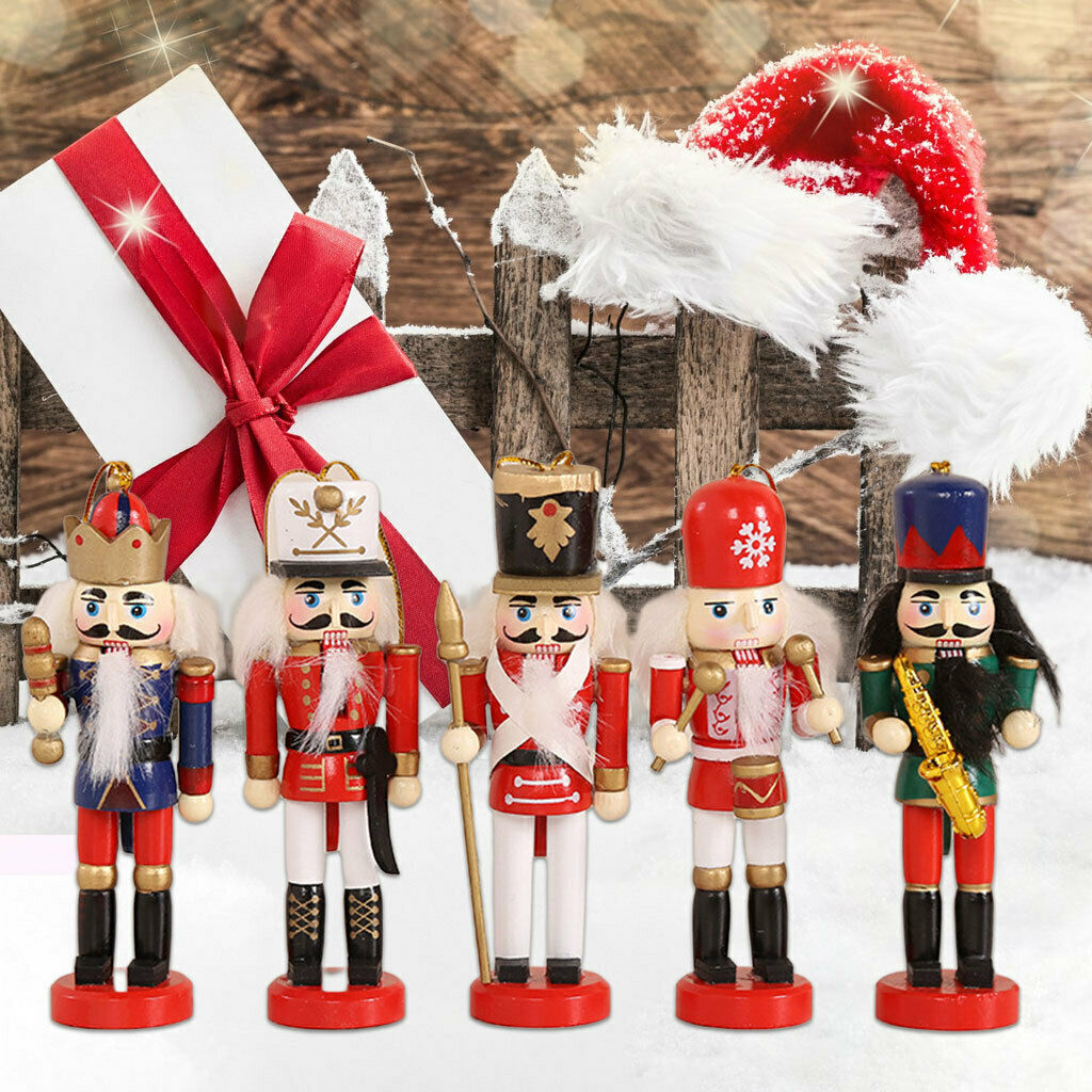 5Pcs 5inch Mini Wooden Nutcracker Soldier Ornaments Set Handmade Xmas Decor