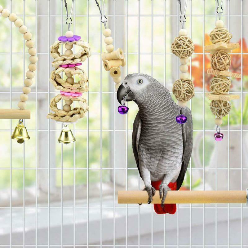 7Pcs Parrot Chew Toys Natural Wood Bird Swing Climbing Hanging Perch Bell Ball