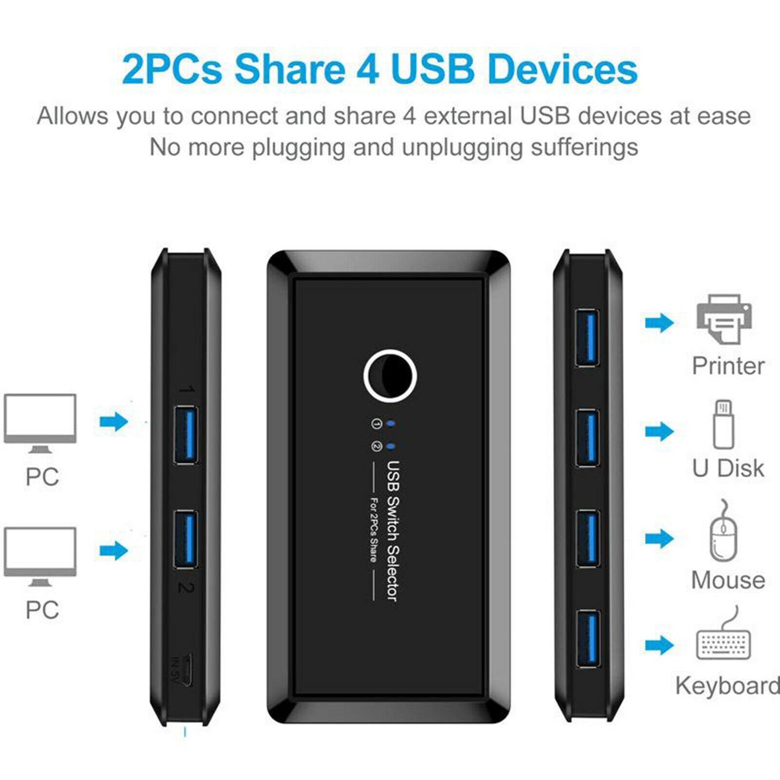 USB 3.0 Switch Selector 4 Port 2 Computers Sharing Switcher Box Hub For PC