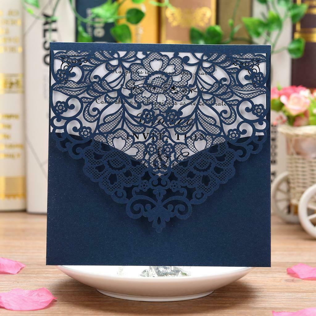 10 Sets Luxury Hollow Floral Wedding Invitation Cards with Envelope Blue