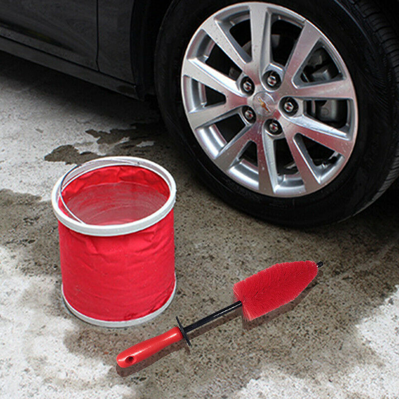 36CM Super Strong Auto Car SUV Wheel Tire Rims Cleaning Brush Wooden Handle Red