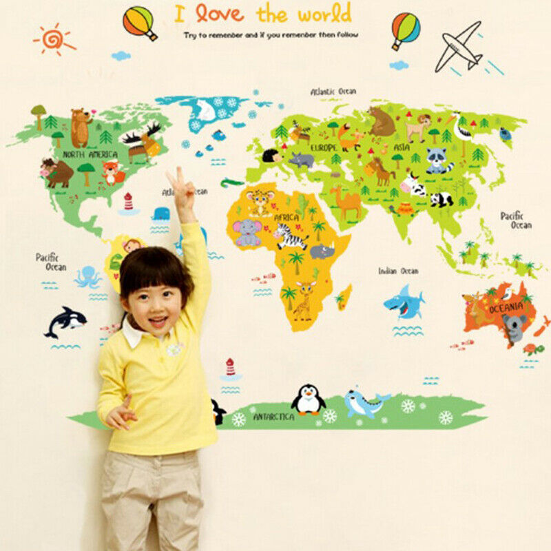 Cartoon Animal World Map Wall Stickers Kids Art Mural Removable Decorati.l8