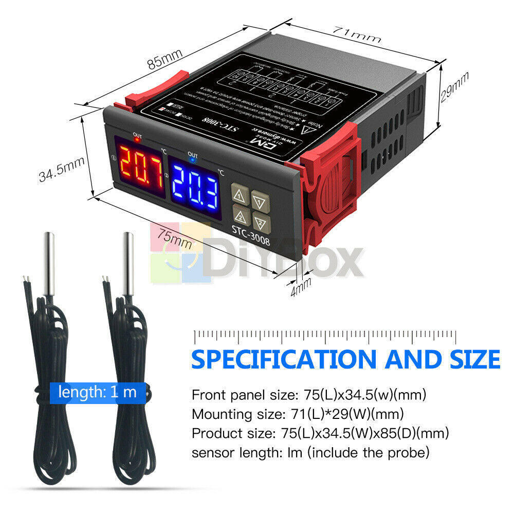 STC-3008 Dual LED Temperature Controller Thermostat+ NTC Probe 12V 24V 110-220V
