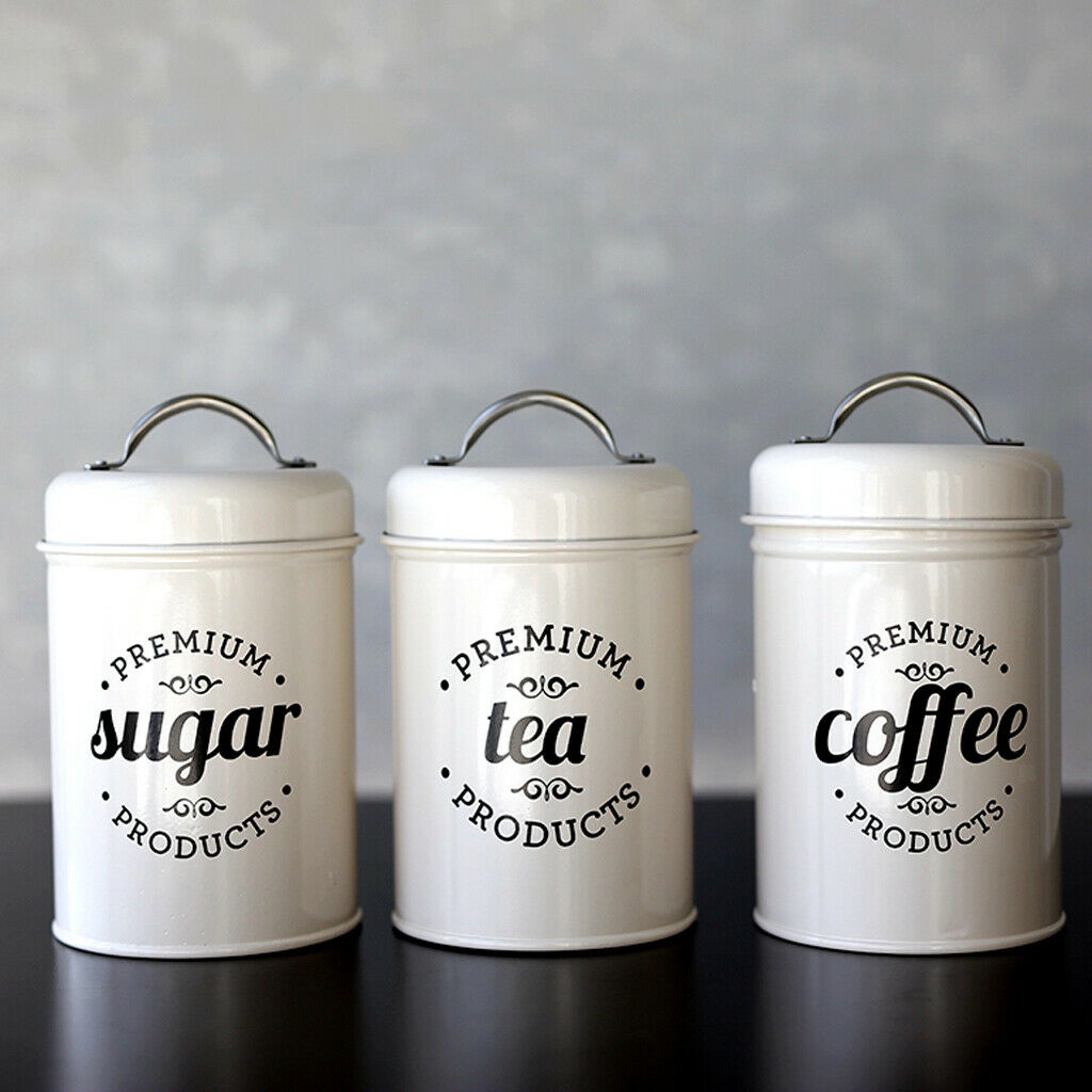3x Retro Tea Coffee Sugar Canister Kitchen Storage Jar Pot Tin Iron w/ Lid