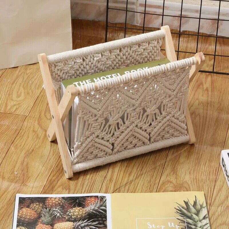 Nordic Cotton Woven Storage Basket Boho Macrame Magazine Rack Desktop Book ST7Y4