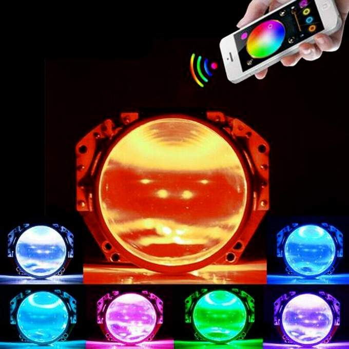 Bluetooth Remote Control RGB LED Demon Eye Halo Ring Headlight Projector Lens