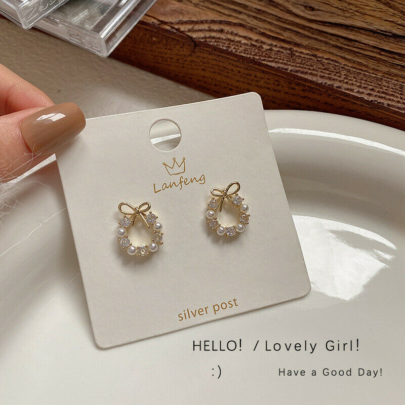 Elegant Trendy Wreath Bow Stud Earrings For Women Imitation Pearls Jewelry G Pb