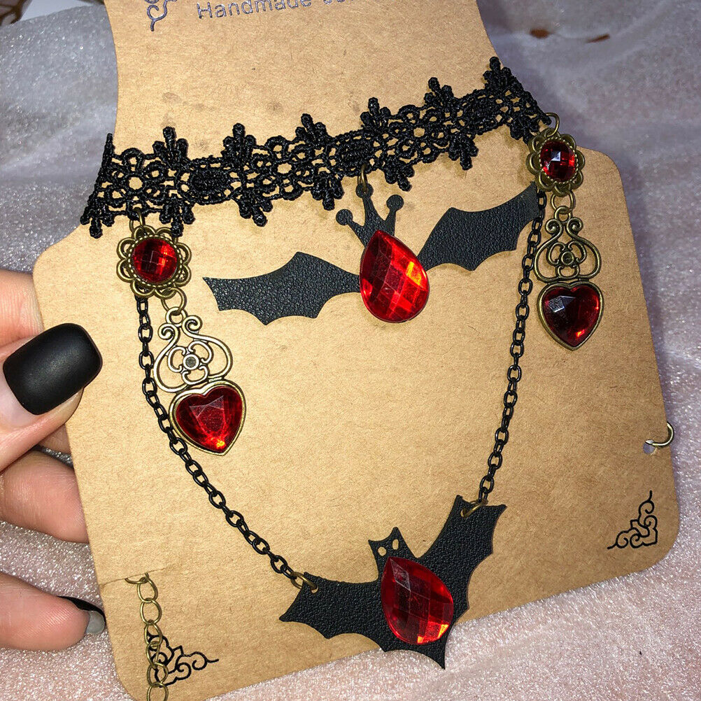 Gothic Jewelry Red Bat Halloween Necklace Lace Choker Necklace Nightmare Laye PT