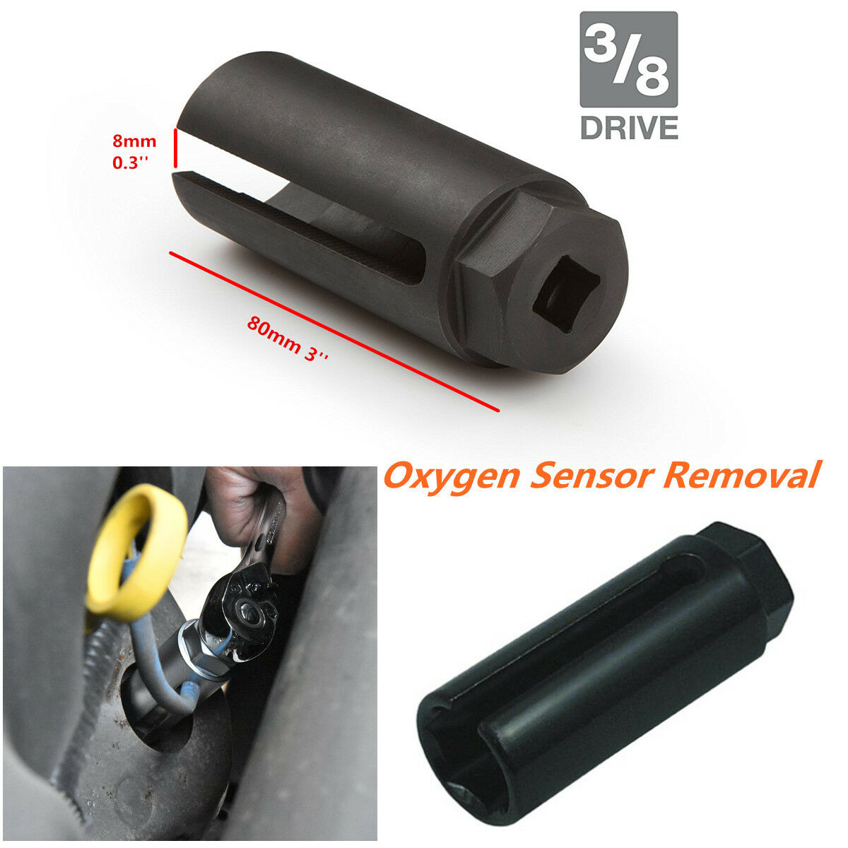 Black 7/8'' 22mm 3/8'' Drive Car Oxygen Sensor Socket Wrench Offset Removal Tool