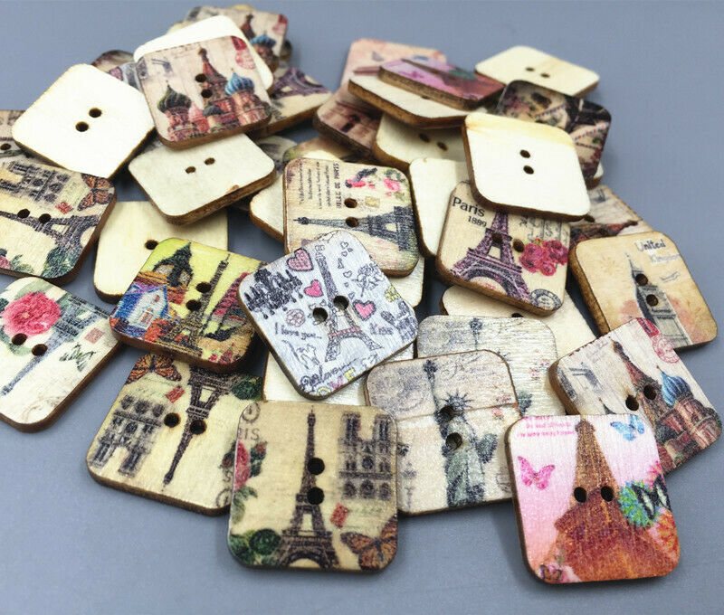 50X Wooden Square Eiffel Tower pattern Buttons 2-holes sewing scrapbooking 20mm