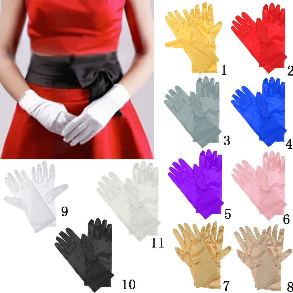 Women's Short Satin Wrist Gloves for Wedding Party Blue