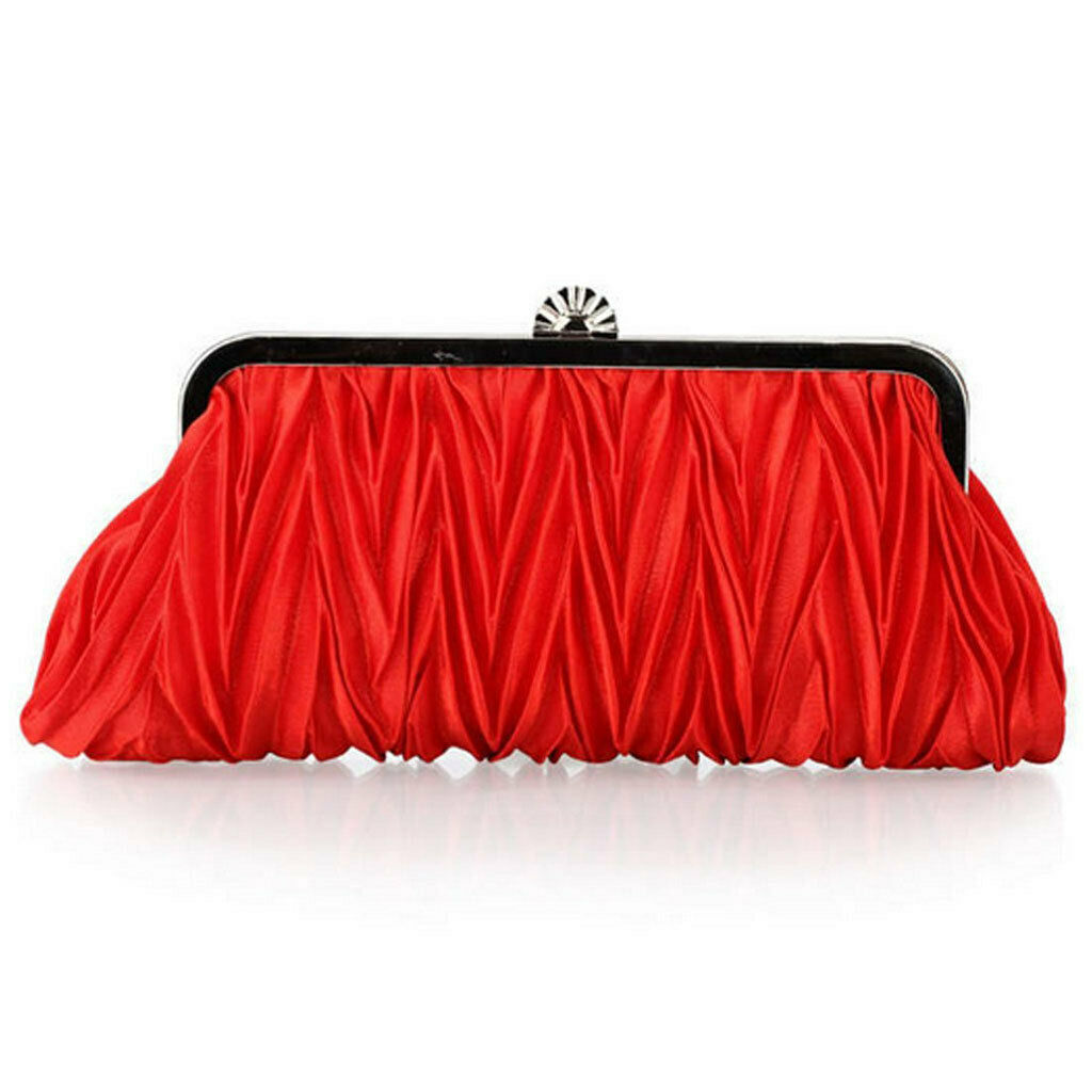 Satin Evening Handbag Shoulder Chain Bag Crystal Wedding Clutch Red