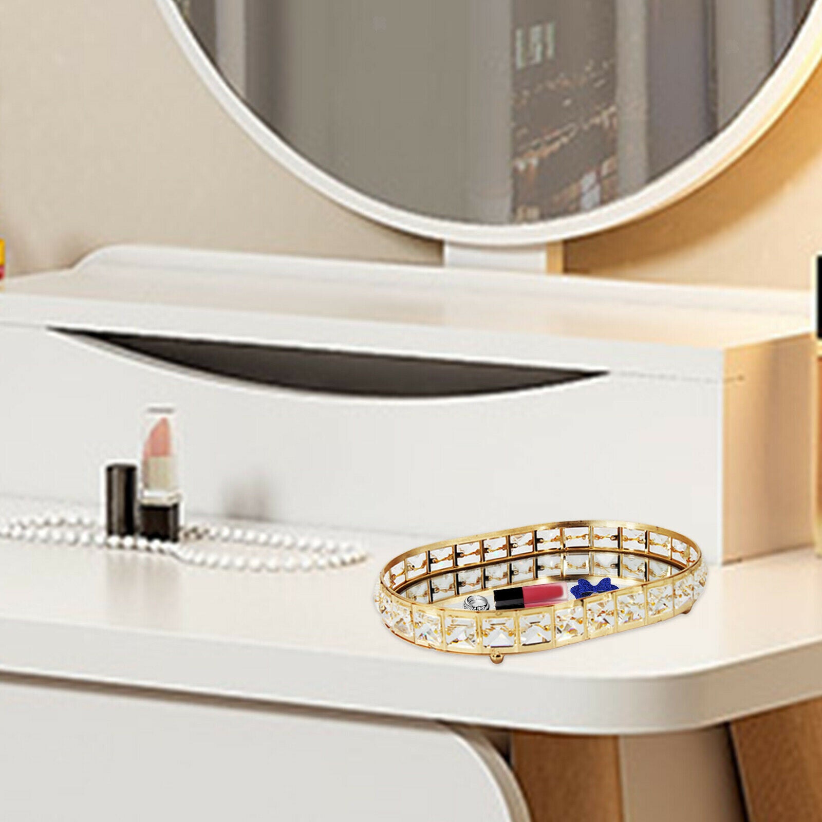 Crystal Cosmetic Vanity Tray Oval Makeup Tray Cosmetic Perfume Bottle Trays