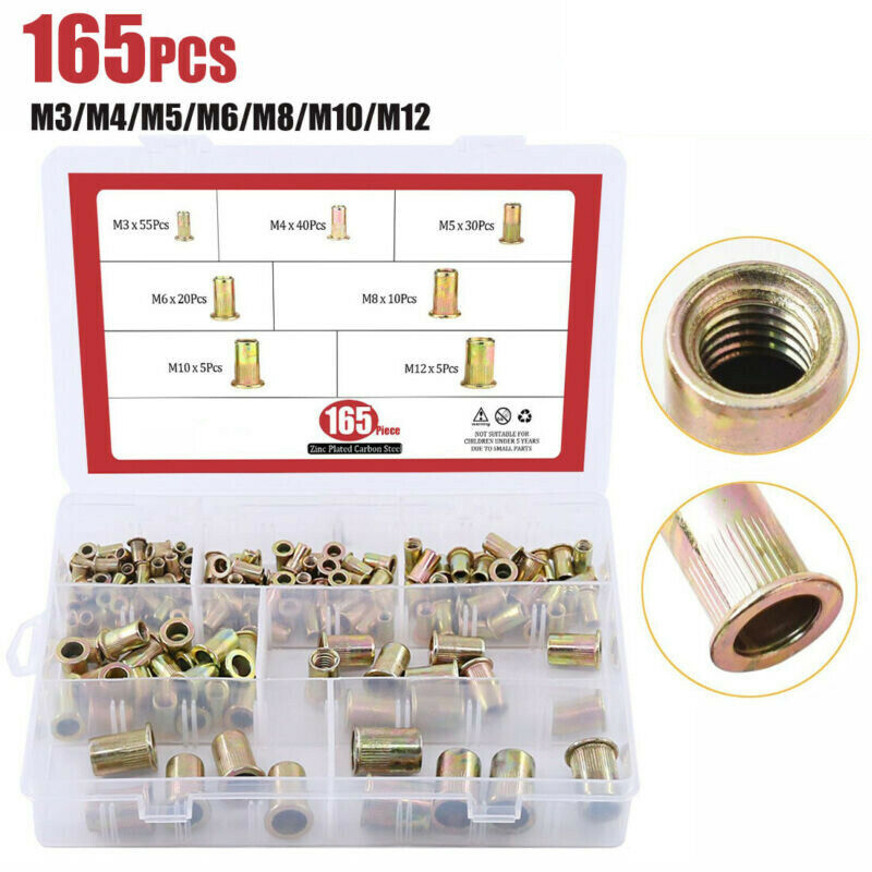 165 Pcs Carbon Steel Rivet Nut Kit Metric Rivnut Nutsert M3 M4 M5 M6 M8 M10 M12
