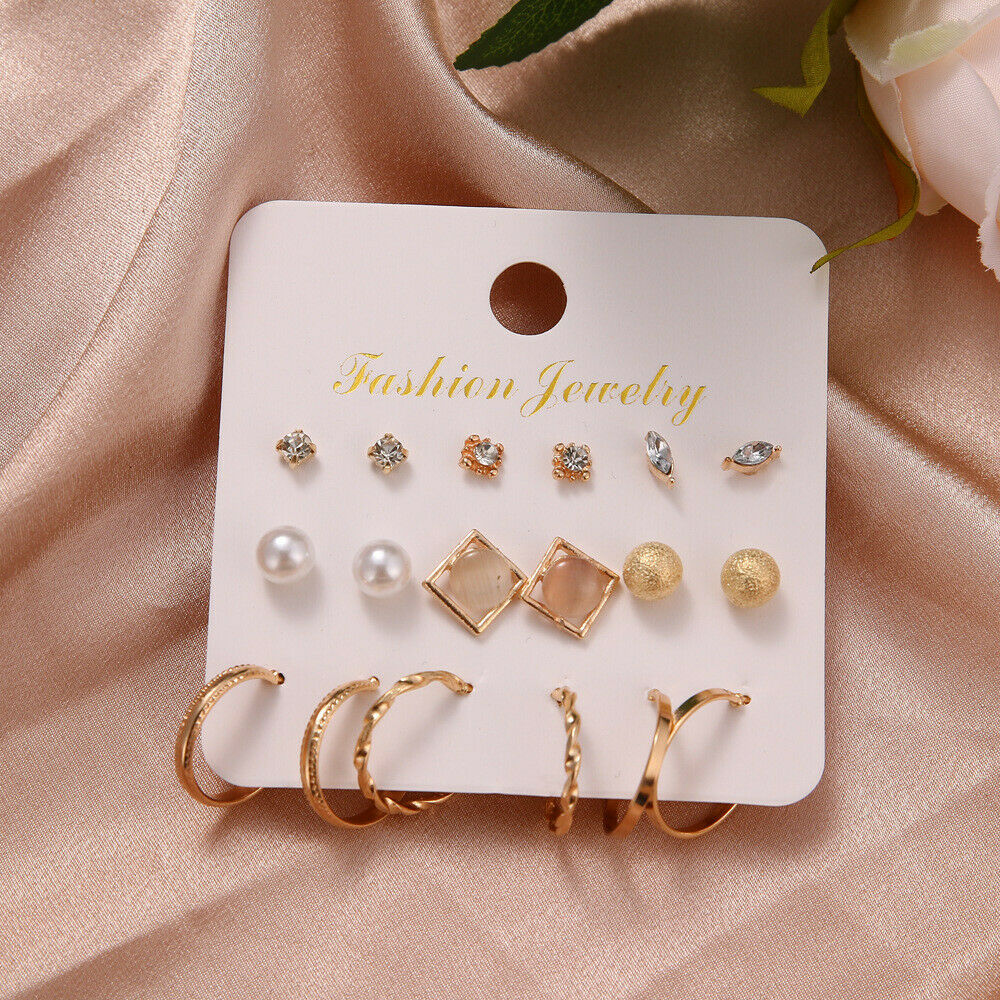 9 Pairs Elegant Women Rhinestone Crystal Zircon Earrings Set Jewelry Ear Stud