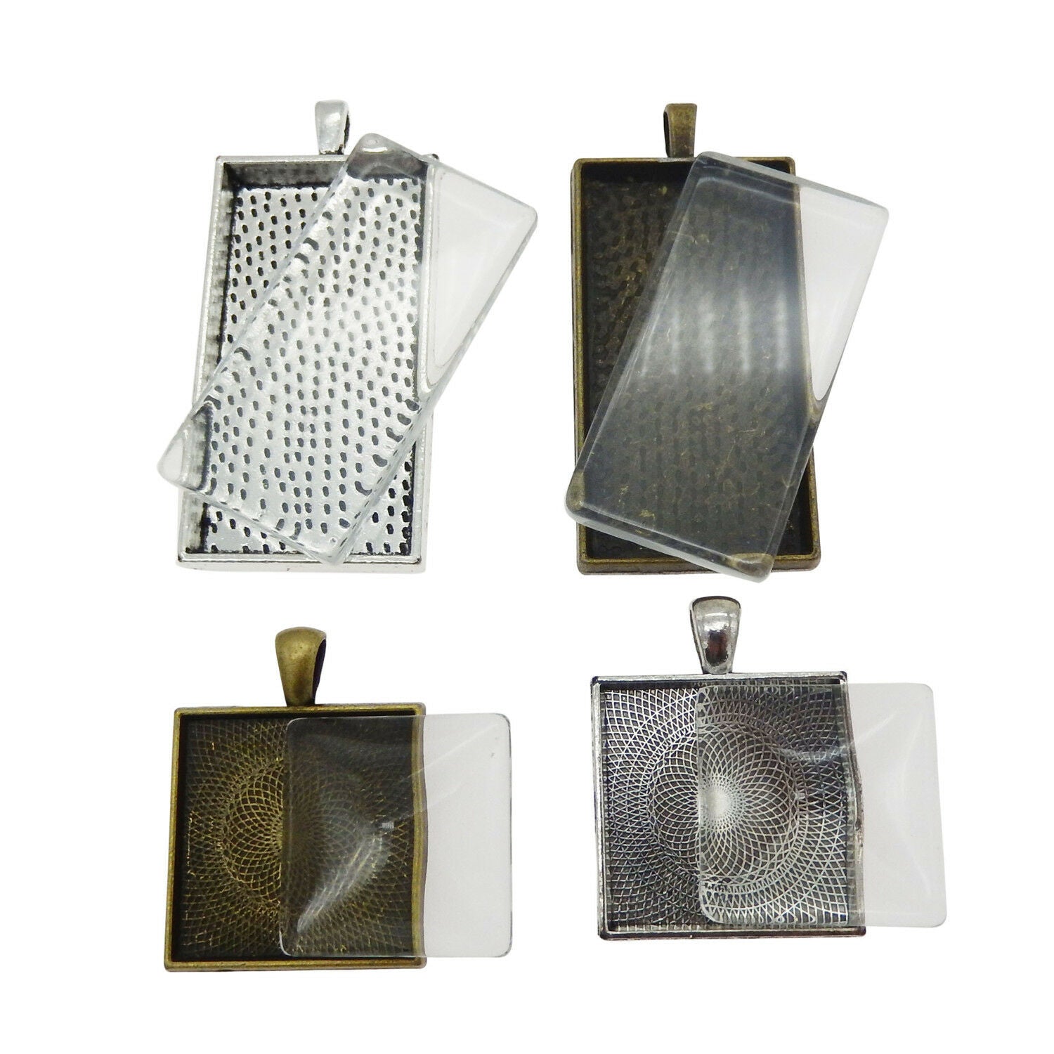 4 sets Mix Metal Alloy Base Trays Cameo Bezels Charms Pendants Rectangle& Square