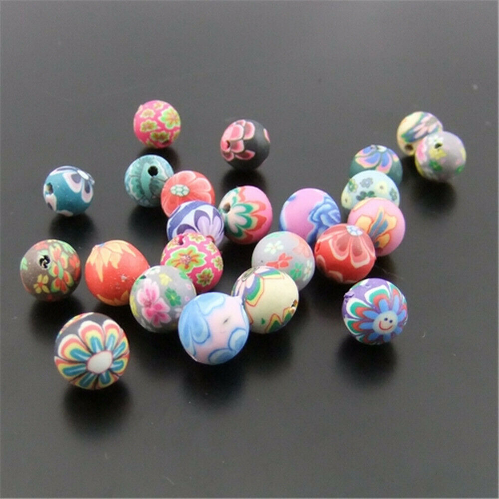 Random 80 pcs Round 8mm Floral Polymer Clay Craft Beads DIY Jewelry Findings