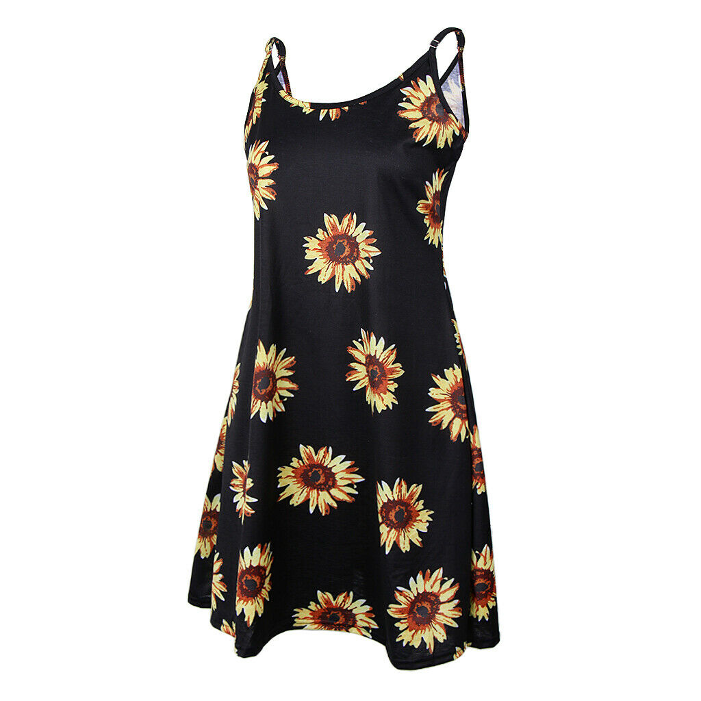 Women's Summer Sleeveless Adjustable Strappy Floral Swing Dress Sunflower L