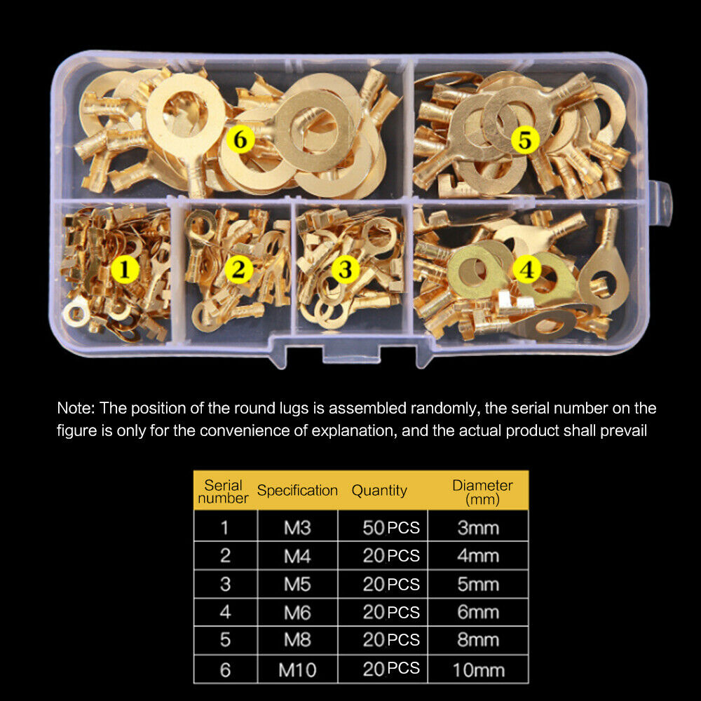 150Pcs Ring Eyes Copper Crimp Terminals Non-insulated Assortment Kit M3/M4/M5/M6