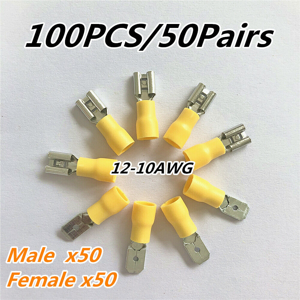 100pcs Yellow Electrical Crimp Wire Connectors Insulated Female Spade Terminals