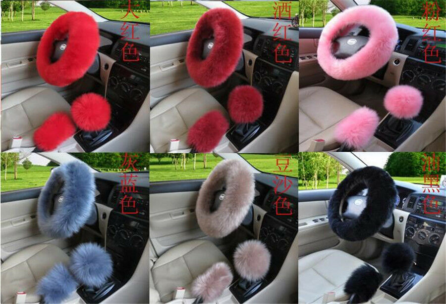 3 pcs/ set Fur Car Steering Wheel Cover Red Wine Color Wool Furry Three Season