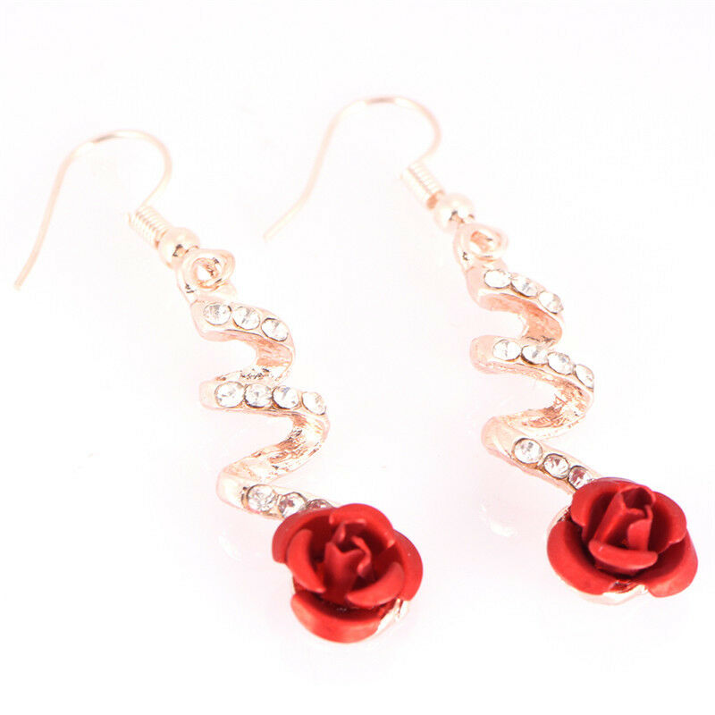 Red Rose Flower Crystal Dangle Drop Earrings Hook Party Bridal Earring Jewel Qx