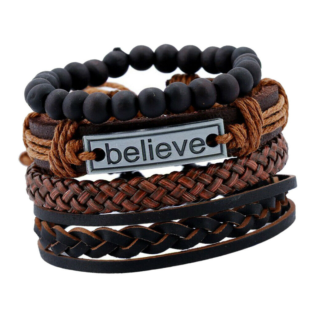 HOT 4Pcs Mens Leather Bracelet BELIEVE Carved Adjustable Multilayer Bangles