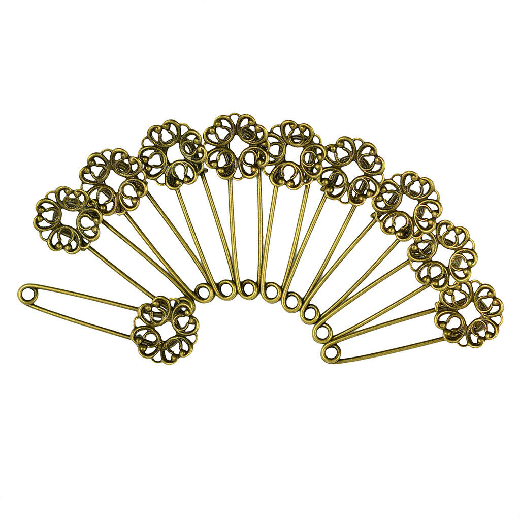 10pcs Blank Filigree Flower Base DIY Hijab Brooches Safety Pins Retro Bronze