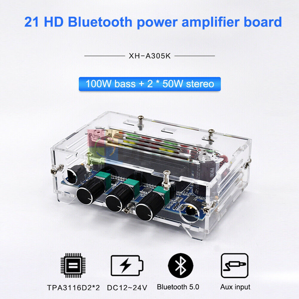 Bluetooth5.0 AUX TPA3116D2 Digital Power Amplifier Board 2.1CH 2*50W+100W + Case