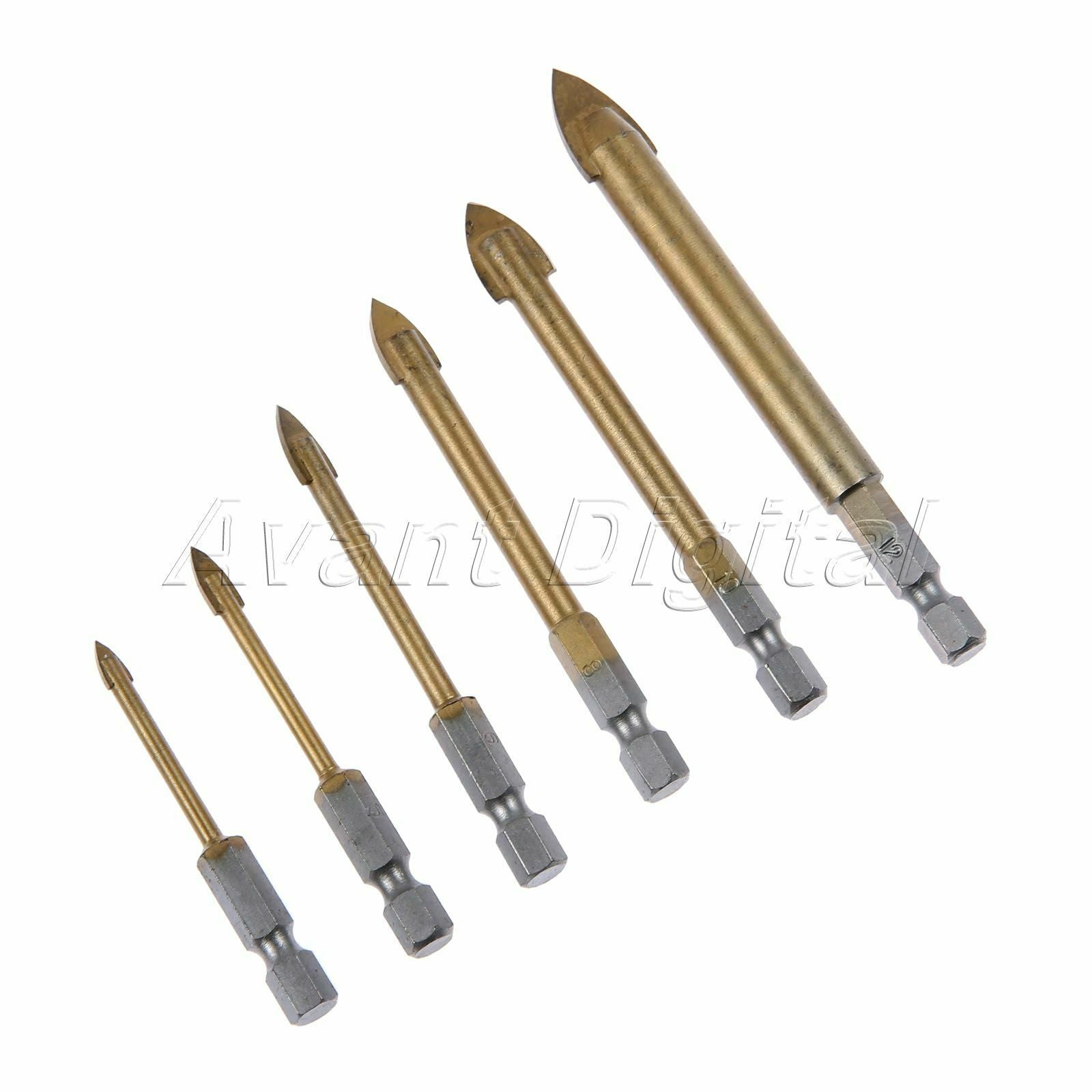 6x Tungsten Carbide Hex Tile Glass Drill Bit Set Titanium Coated 4/5/6/8/10/12mm