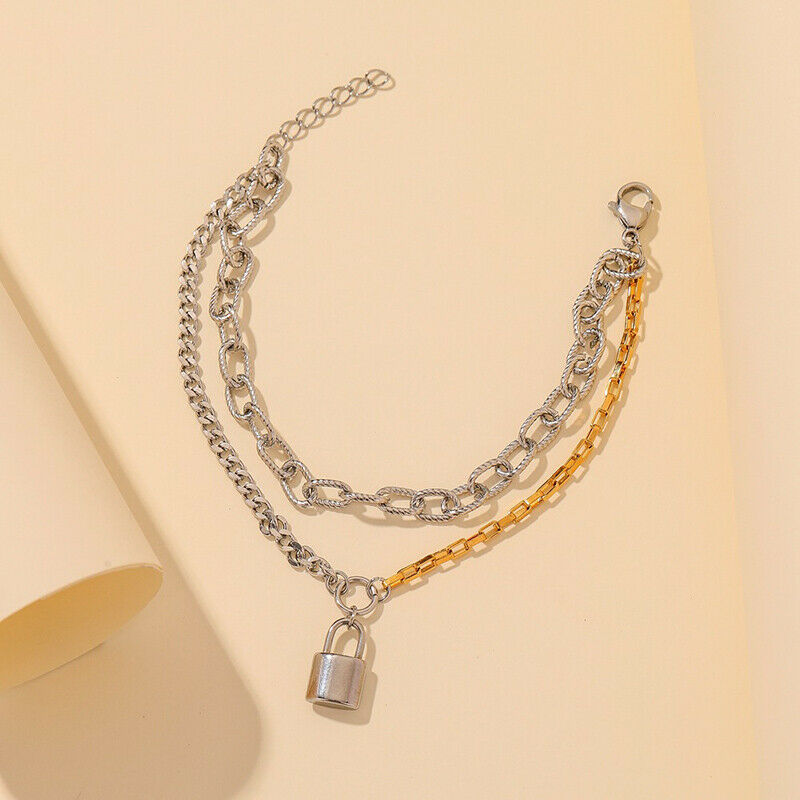 Punk Double Layer Lock Chain Bracelets Female Bracelet Bangles for Women .l8