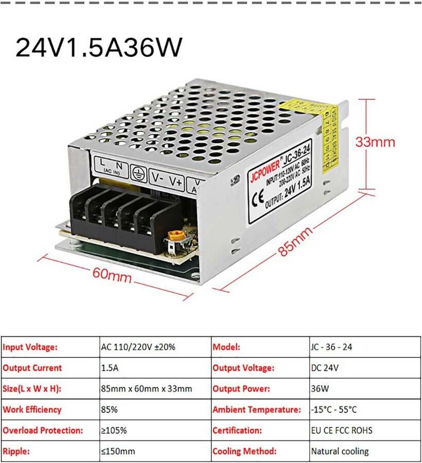 24V 1.5A 36W Regulated Switching Power Supply PSU Transformer LED Strip CCTV