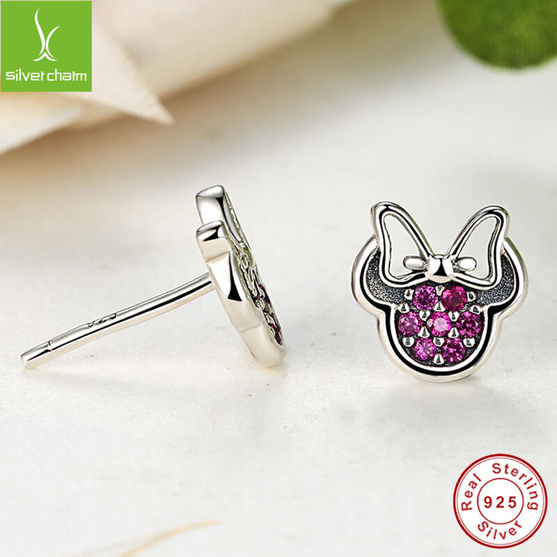 European 925 Sterling Earring With Authentic Red Clear CZ Minnie's Sparkling Bow