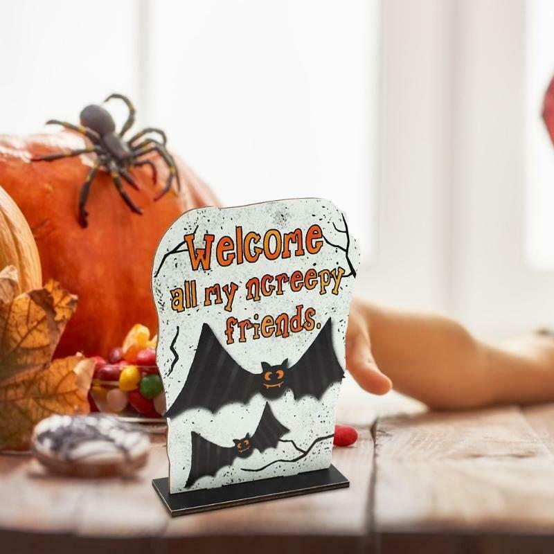 Creepy Friends Tombstone Wooden Sign Cartoon Bat Halloween Table Topper Decor