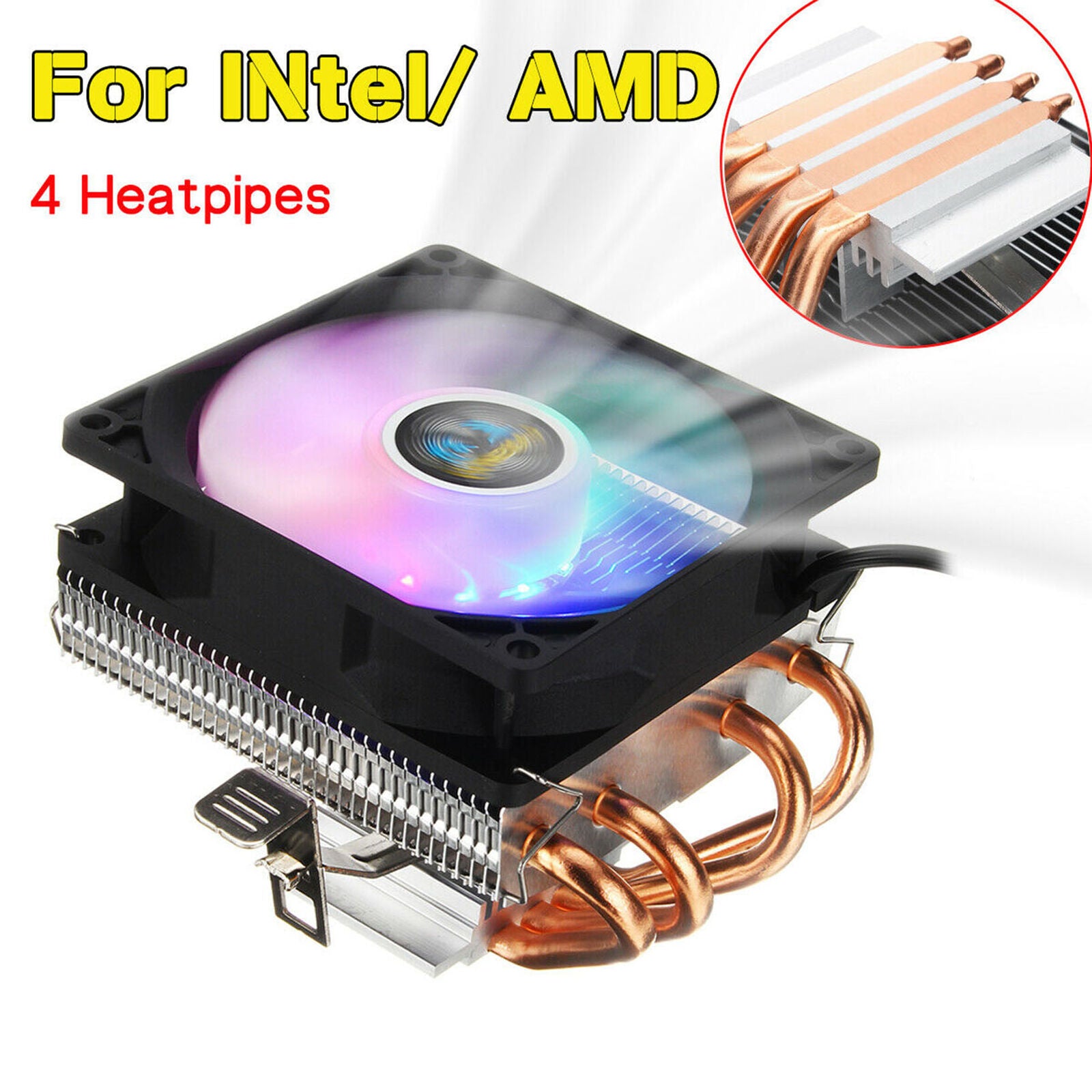 4 Heatpipes CPU Cooler 3pin LED RGB Fan Cooling Heatsink For LGA 775-1366 AMD