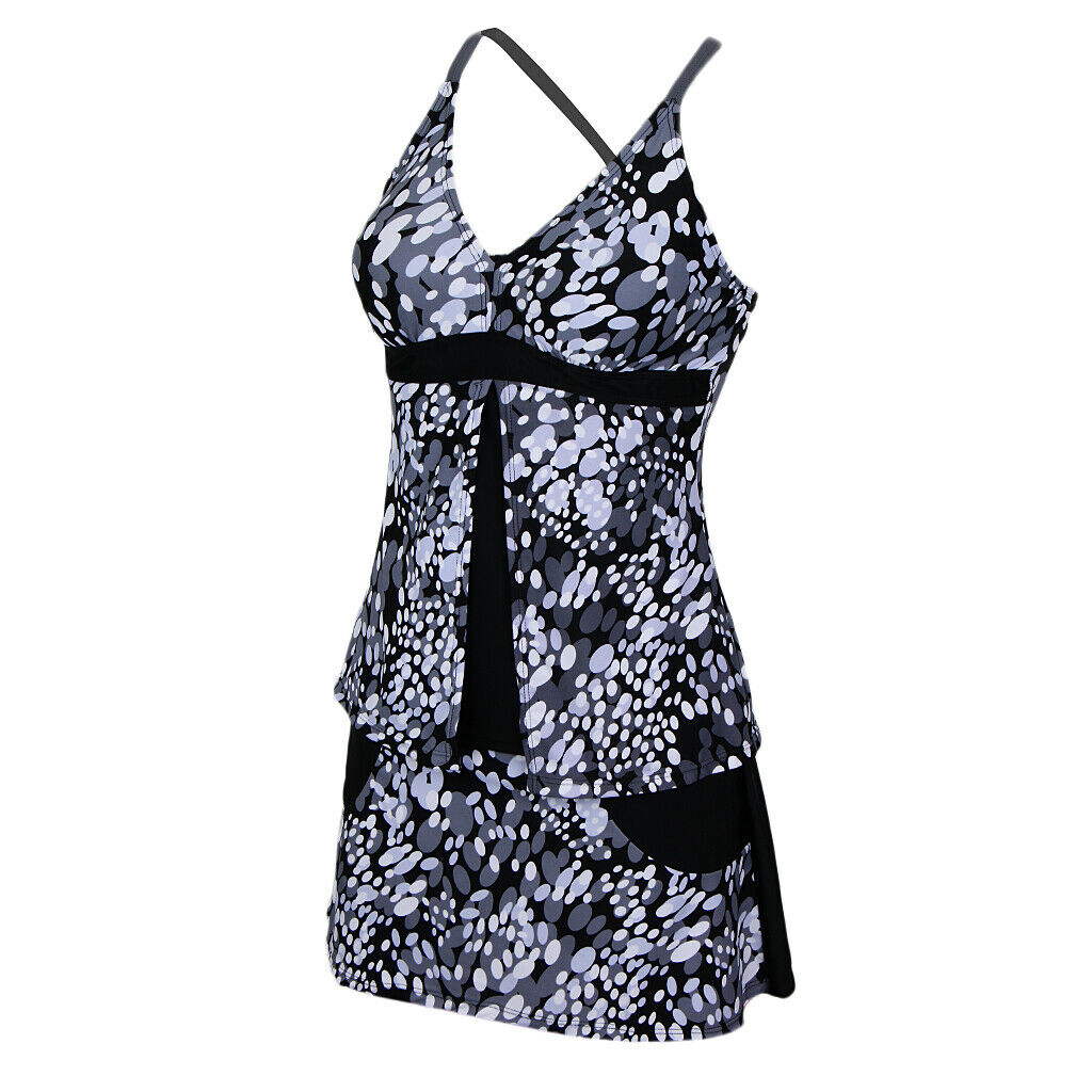 Women Oval Print Two Piece Tankini Top Skirt Bottom Swimsuit Beachwear 3XL