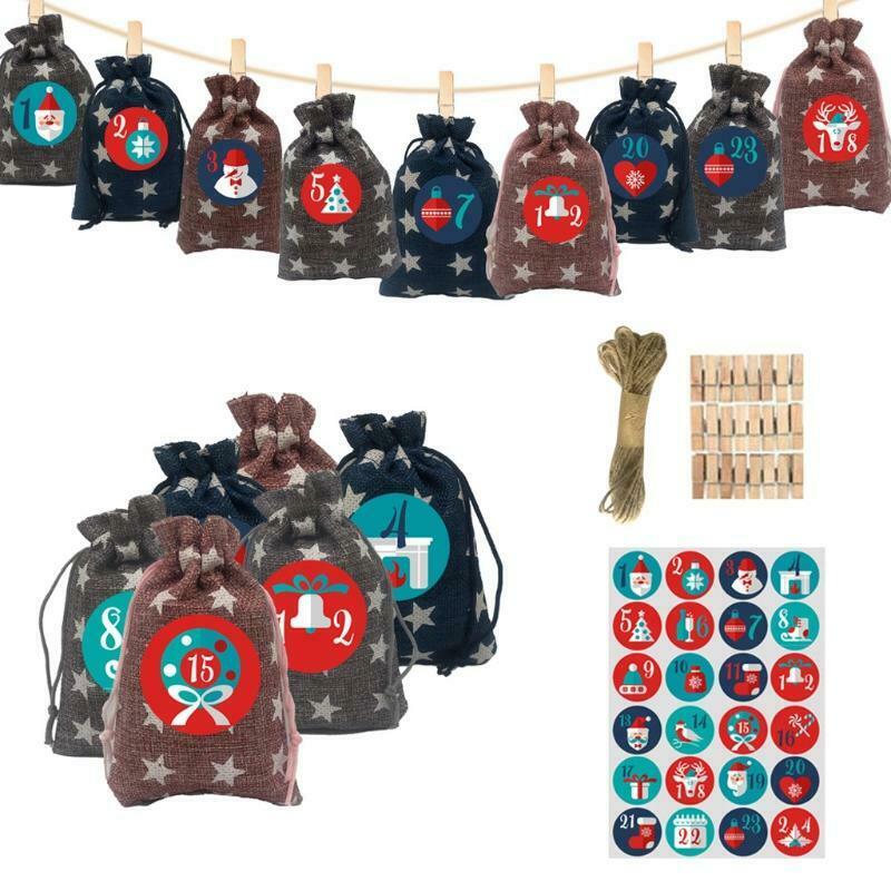 Stars Print 2021 Christmas Advent Calendar 24 Days Hanging Drawstring Candy Bags