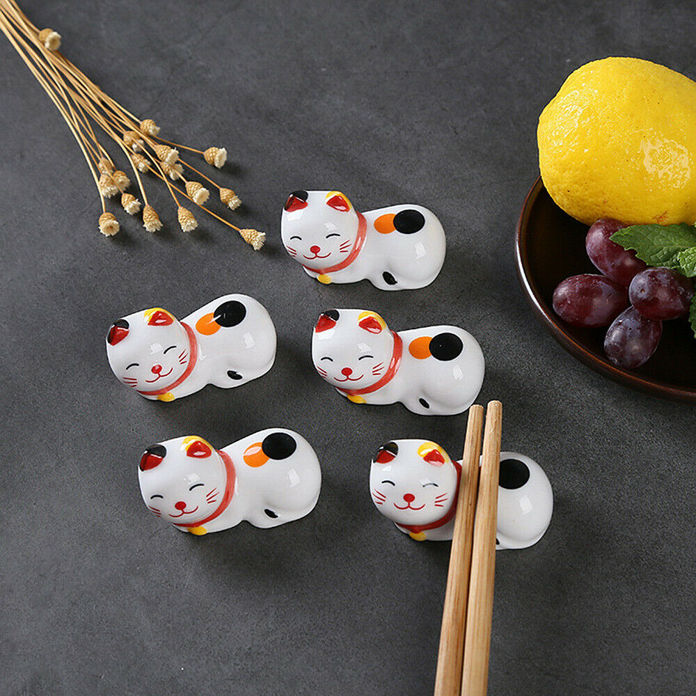 2Pcs Japanese Lucky Cat Chopsticks Holder Porcelain Stand Rest Tableware Decor