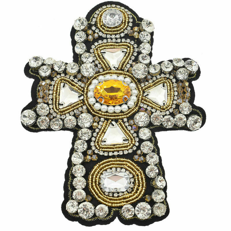 Rhinestone Beaded Cross Patch Handmade Sew on Applique Badge for Clothing Dress