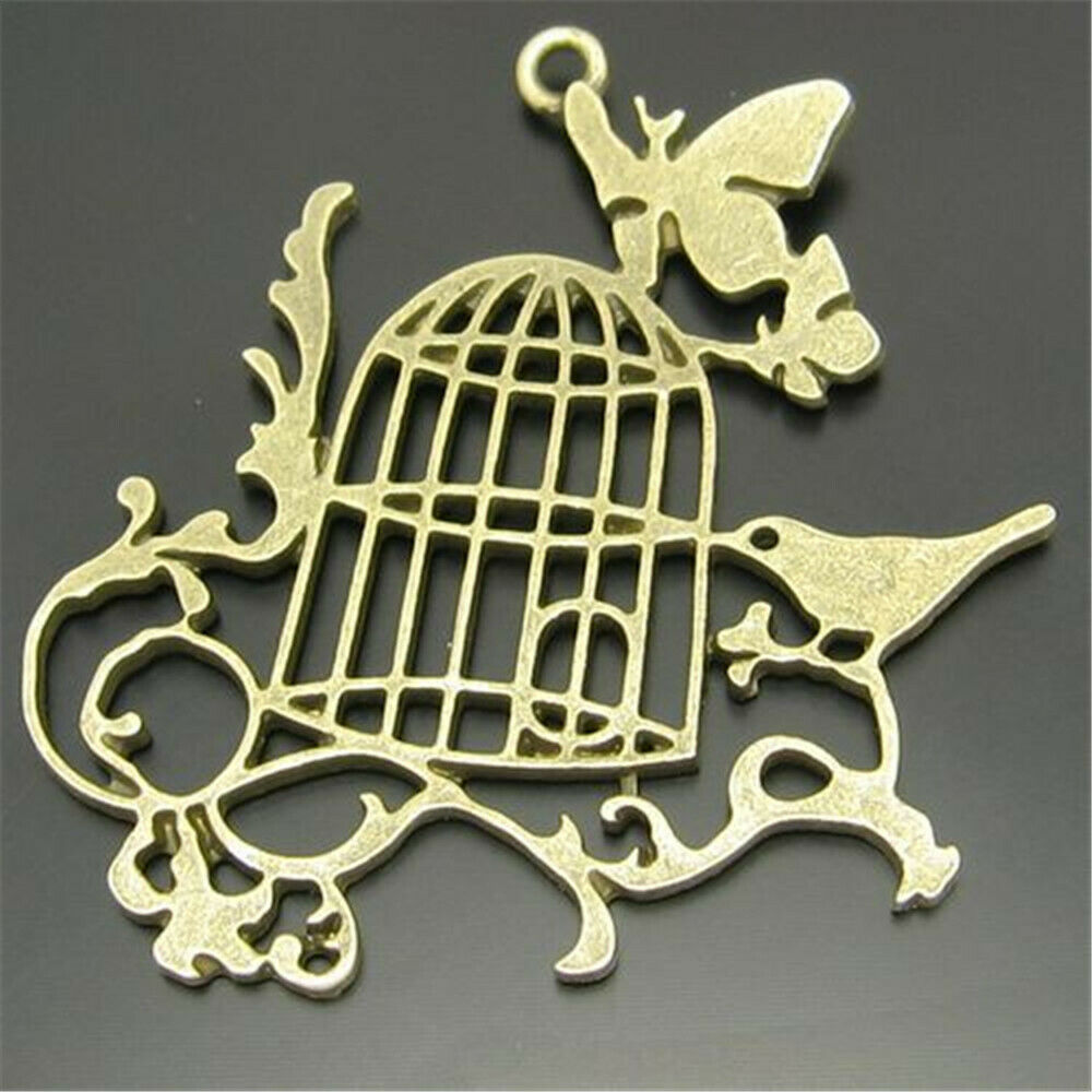6 pcs Antiqued Bronze Hollowed Floral Bird Cage Alloy Pendant Charm 52*51mm