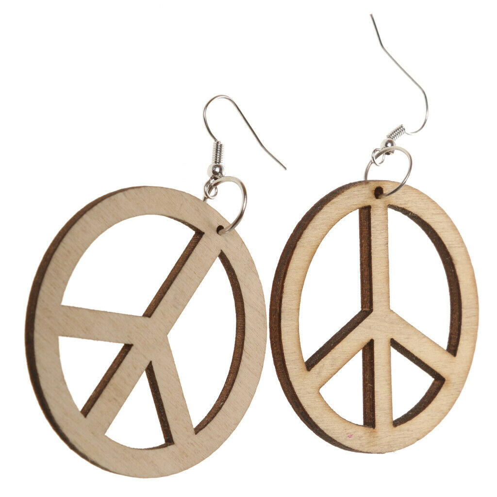 Hollow Anti War Peace Sign Wooden Drop Dangle Hook Earrings