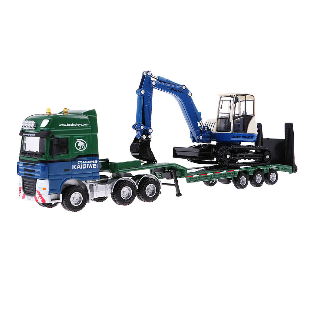 1/50 kids party play pull push alloy flatbed trailer + excavator